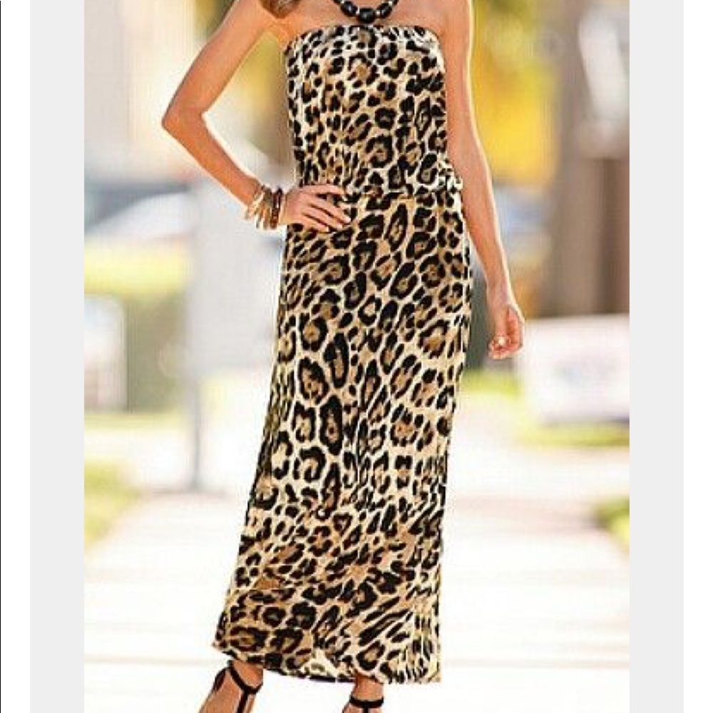 Boston Proper Strapless Leopard-Print Maxi Dress in Tan, Black, Cream